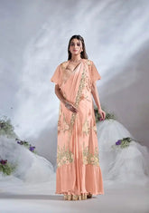 India Silk Peach Sarees Made From Crepe Satin Silk Blend Traditional Craftsmanship With A Soft Elegant Texture